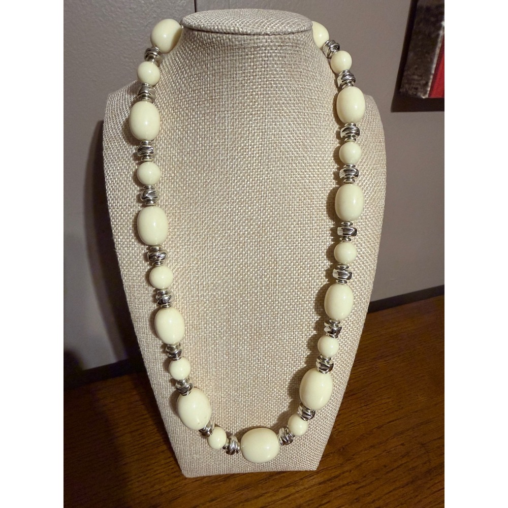 Vintage Cream Chunky Bead Necklace Silver Tone Spacers Classic Statement 24 Inch
